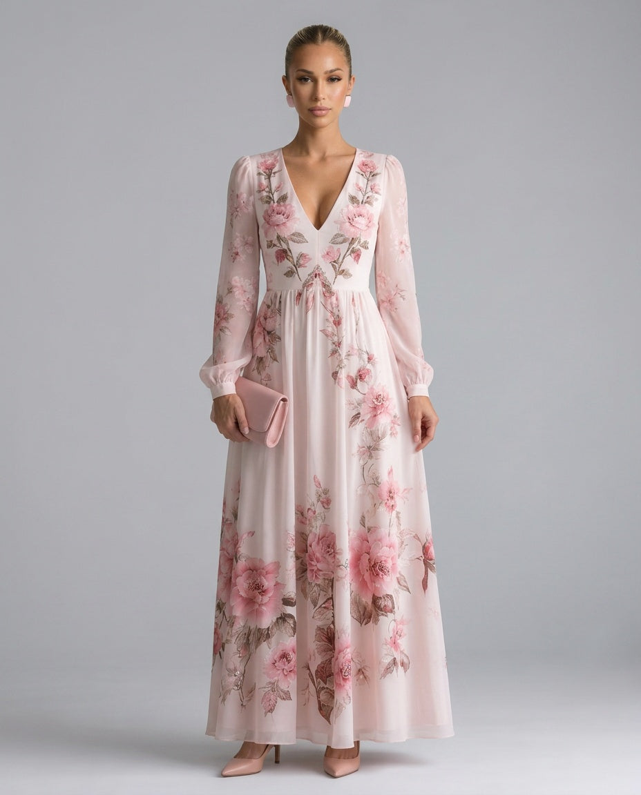 Ottilie | Long Sleeve Floral Flowy Midi Dress