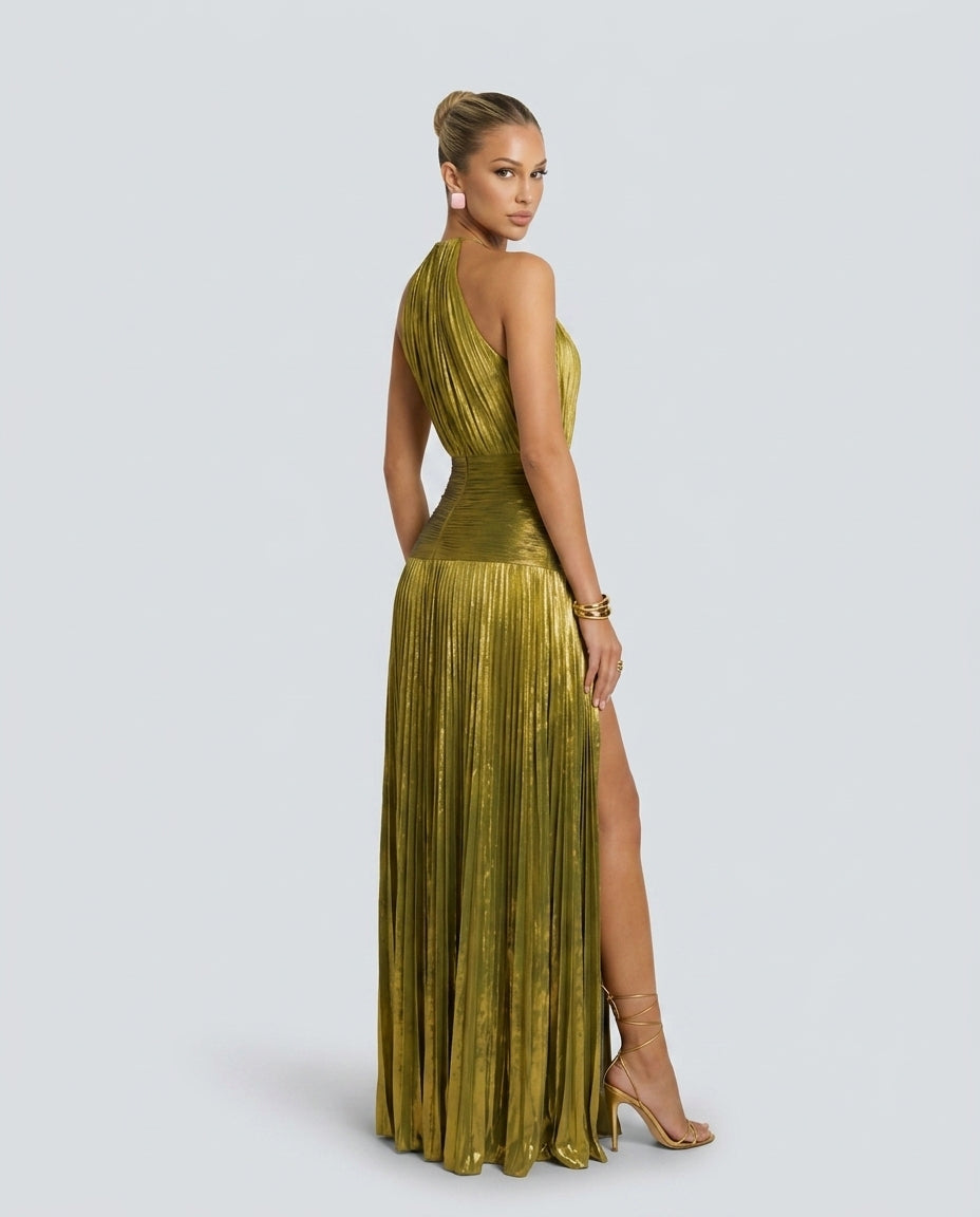 Wren | Halter Neck Pleated High Split Maxi Dress