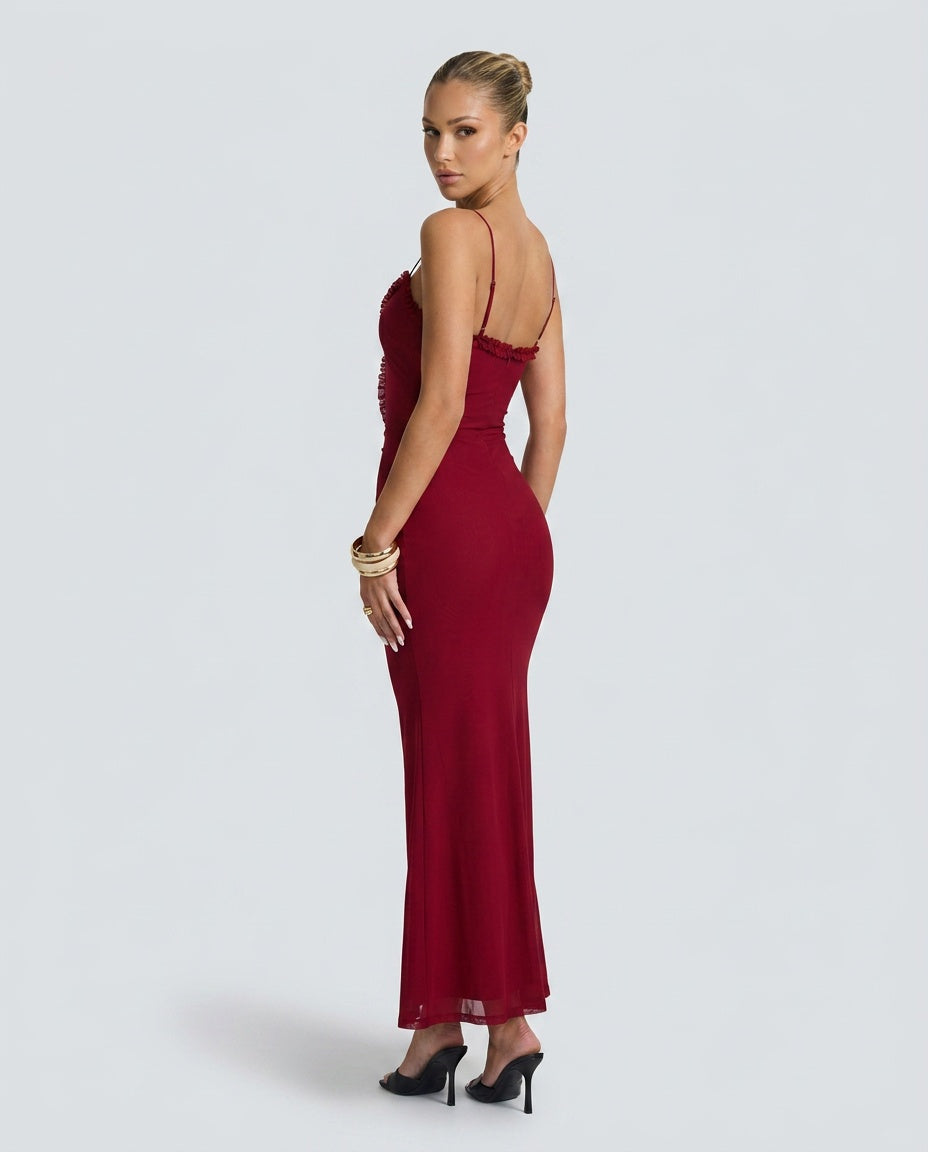 Capisce | Ruched Lace Cut-Out High Split Maxi Dress