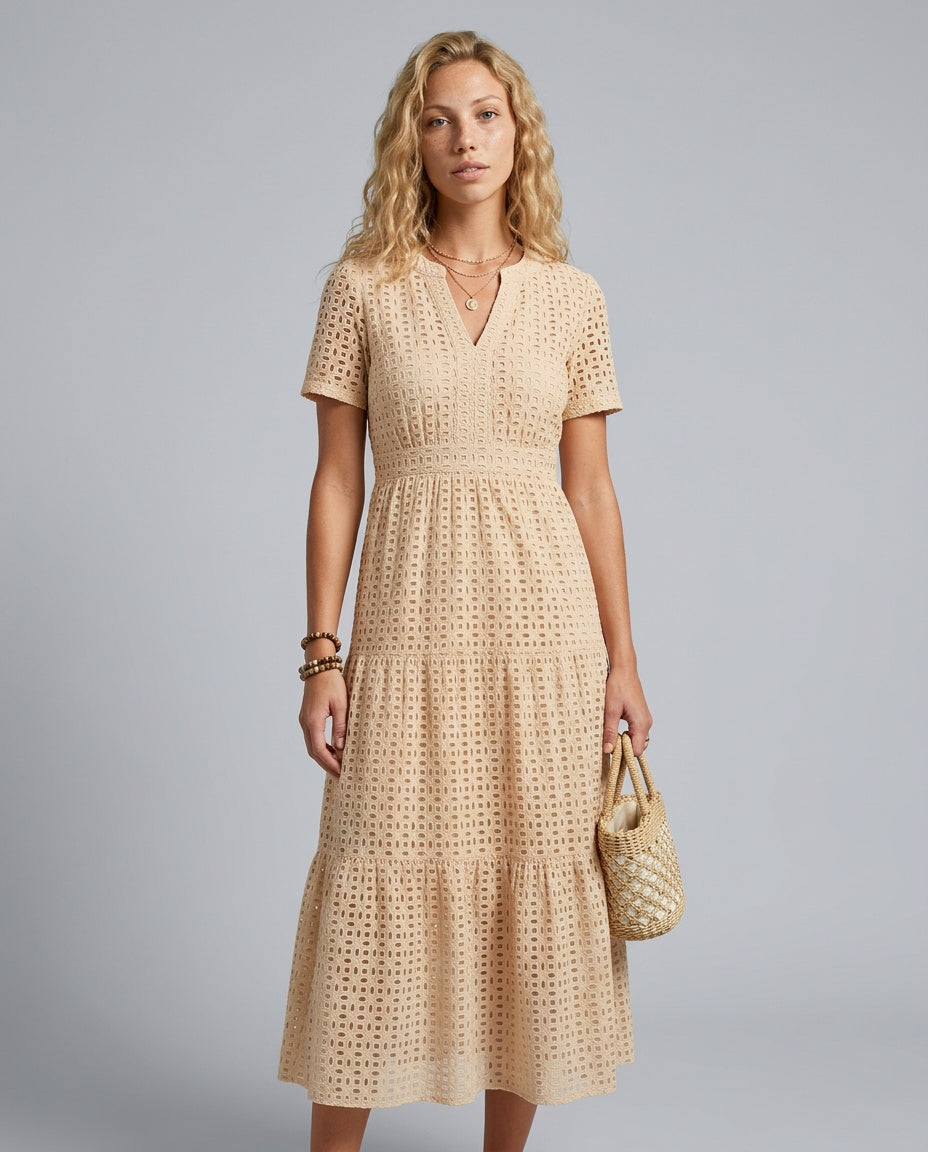 Tessa | Short Sleeve Eyelet Tiered Midi Dress
