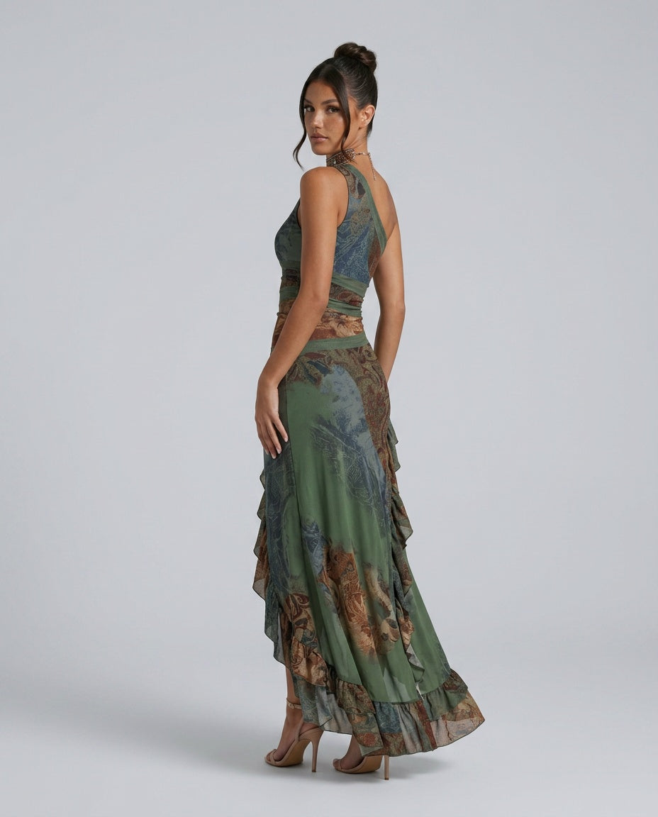 Marley | One-Shoulder Ruffled Slit Maxi Dress