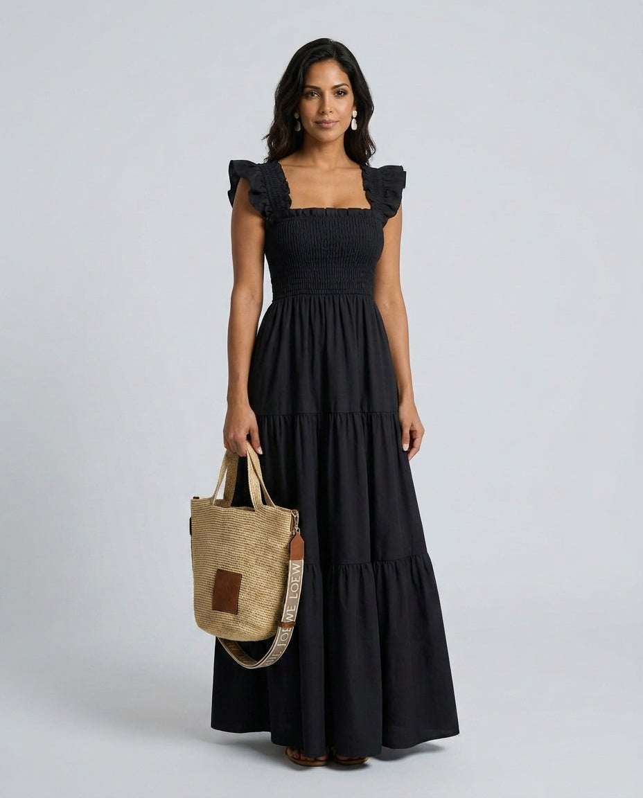 Hadley | Smocked Gingham Ruffle Sleeve Maxi Dress