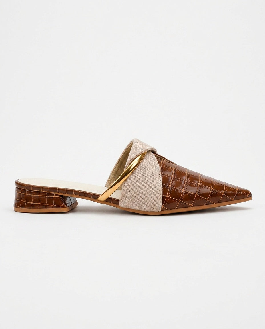 Juliette | Pointed Toe Croc Effect Mule Heels