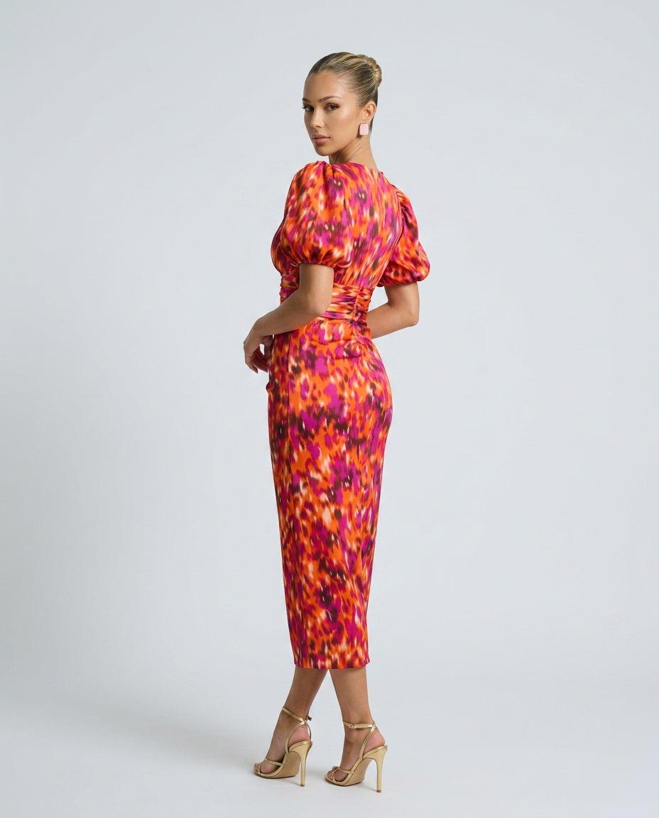 Vashti | Abstract Print Puff Sleeve Ruched Midi Dress