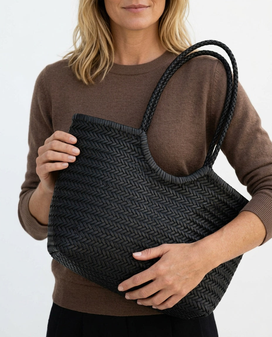 Hand-Woven Vegan Leather Tote Bag with Shoulder Strap