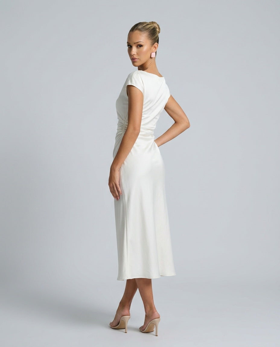 Nora | Short Sleeve Boat Neck Fitted Midi Dress