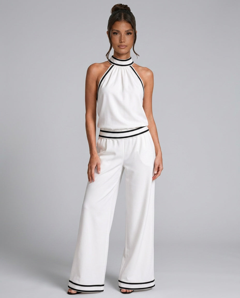 Bianca | Contrast Trim Halter Neck Wide Leg Jumpsuit
