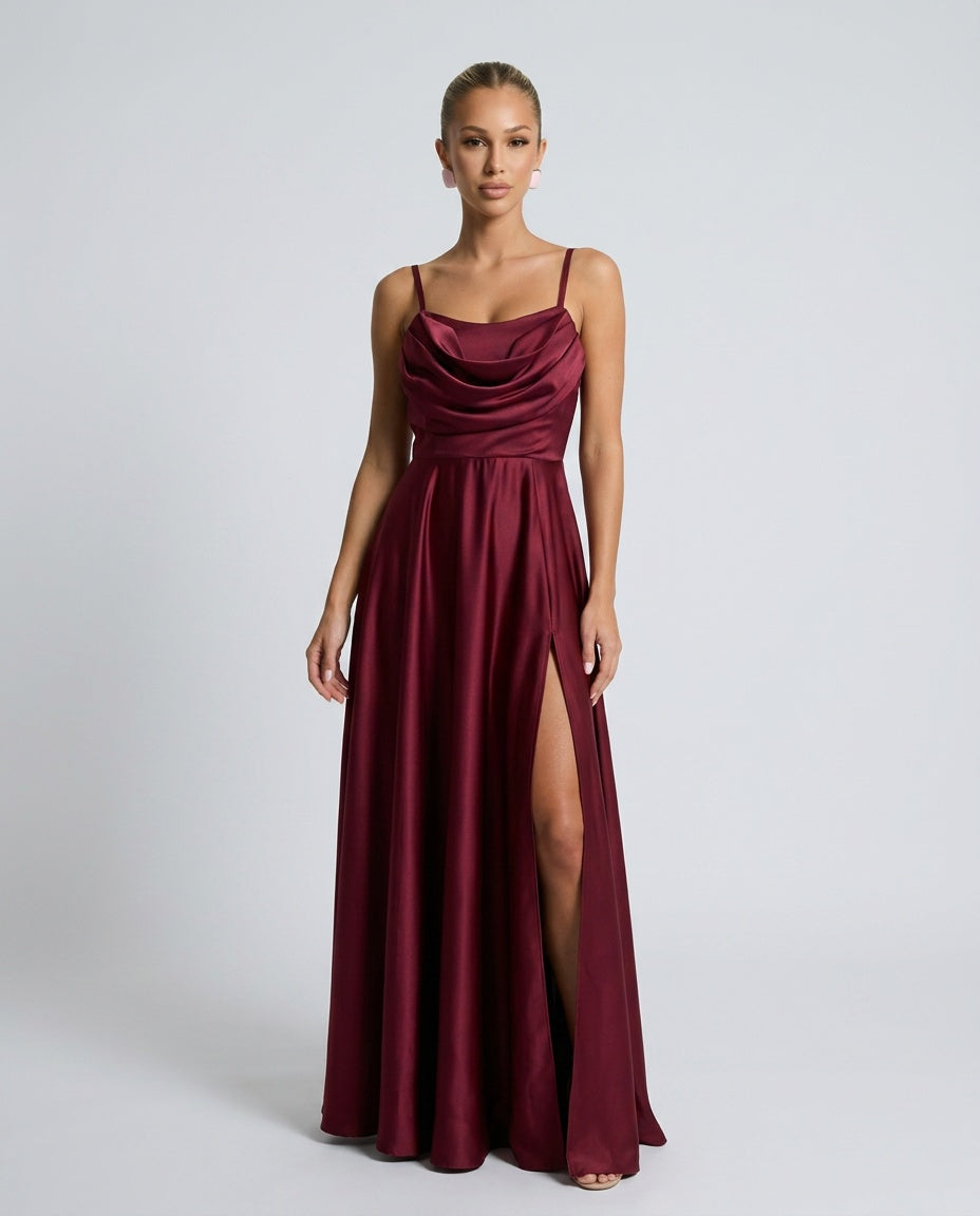 Xenia | Cowl Neck Pleated Satin-Look Maxi Dress