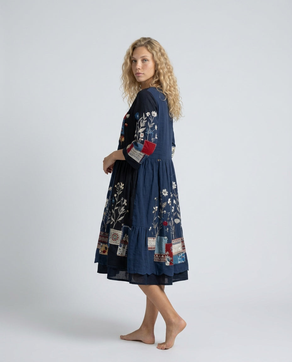 Wren | Embroidered Panel Long Sleeve Midi Dress