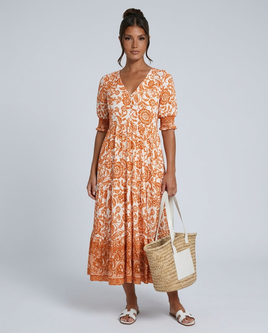 Kinsley | V-Neck Floral Print Midi Dress