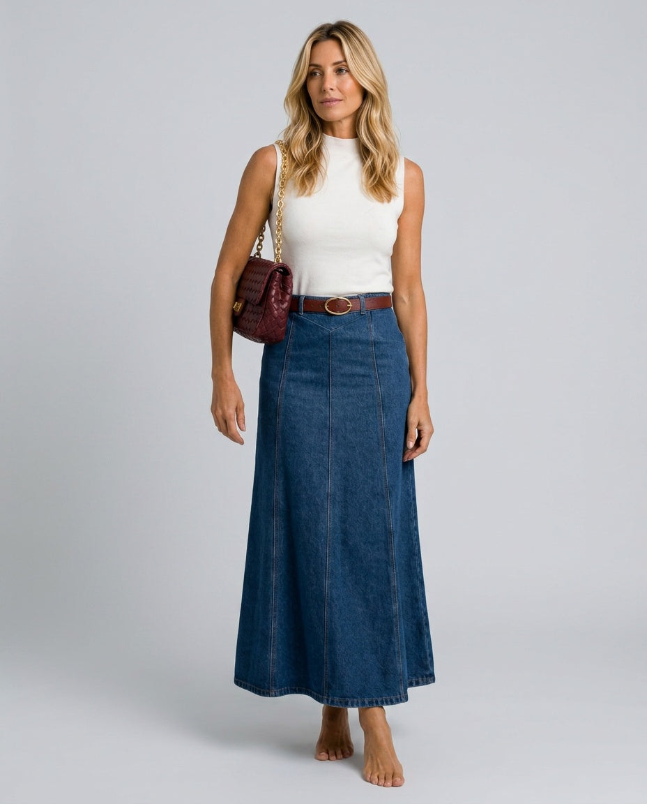 Vera | High Waist A-Line Panel Denim Maxi Skirt