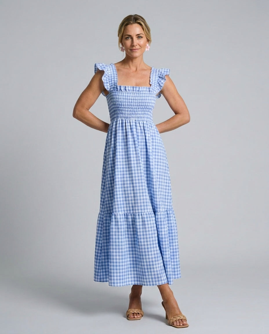 Hadley | Smocked Gingham Ruffle Sleeve Maxi Dress