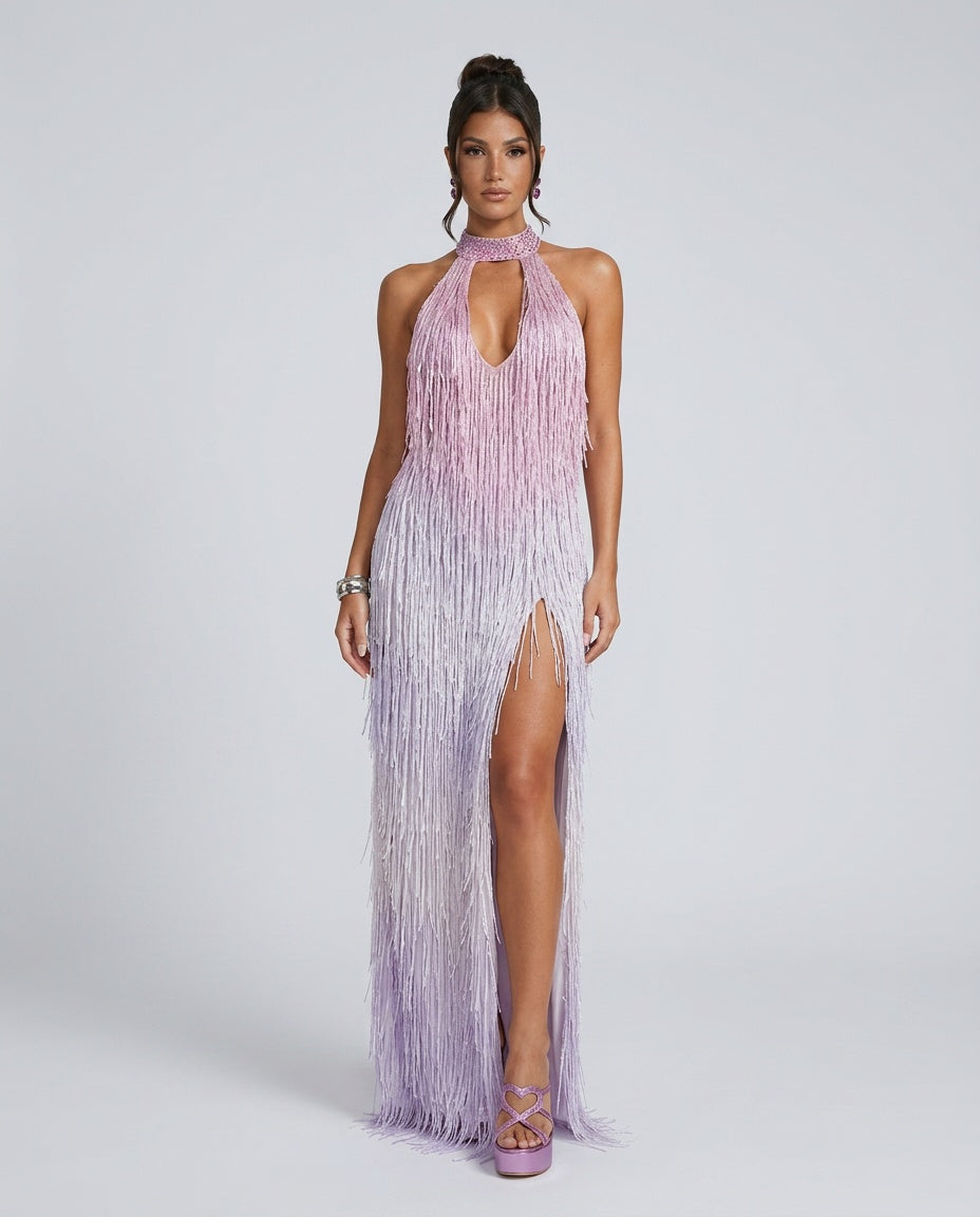 Presley | Halter Neck Fringe Cutout Split Maxi Dress