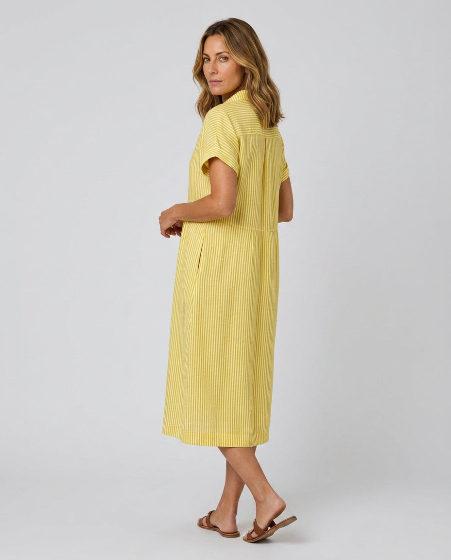 Saffron | Striped Button-Front Short Sleeve Midi Dress