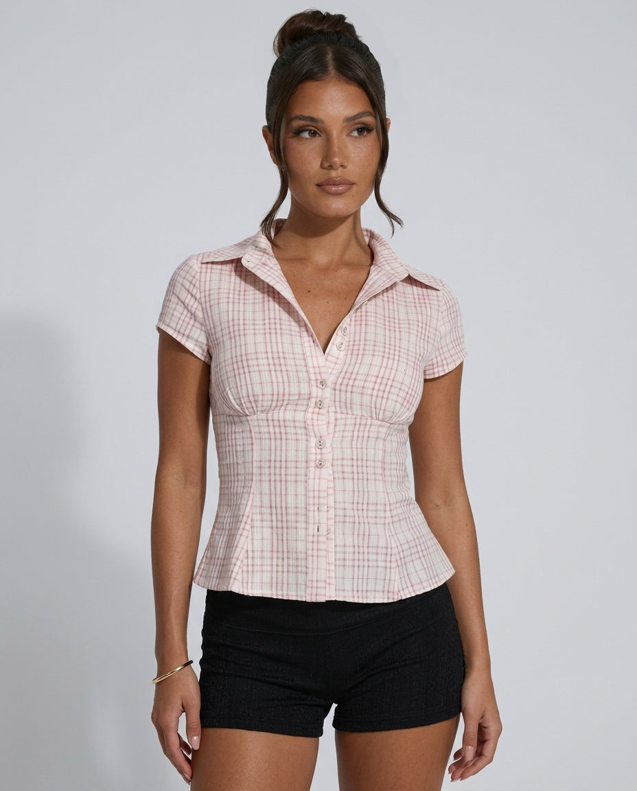 Emilia | Fitted Waist Check Print Short Sleeve Blouse