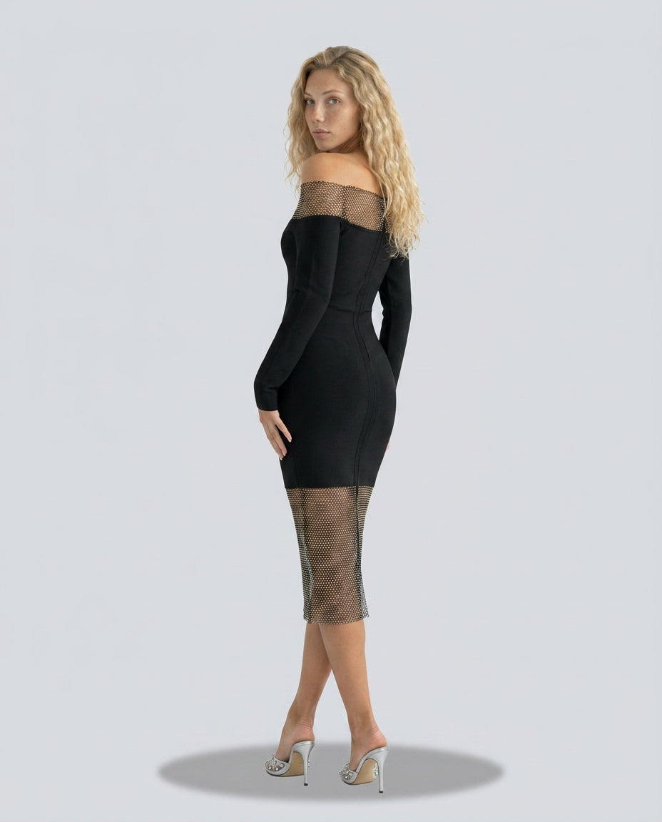 Marisol | Off-Shoulder Crystal Bandage Midi Dress