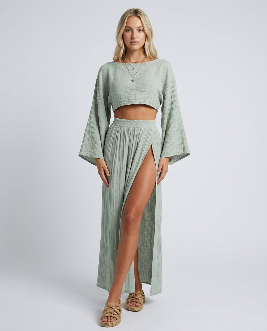 Odette | Long Sleeve Cropped Top & High Split Maxi Skirt Set