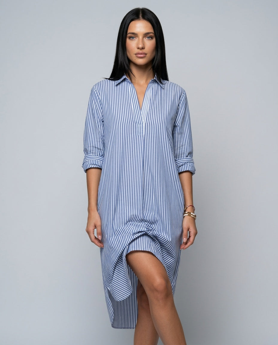 Isolde | Striped Long Sleeve Midi Shirt Dress
