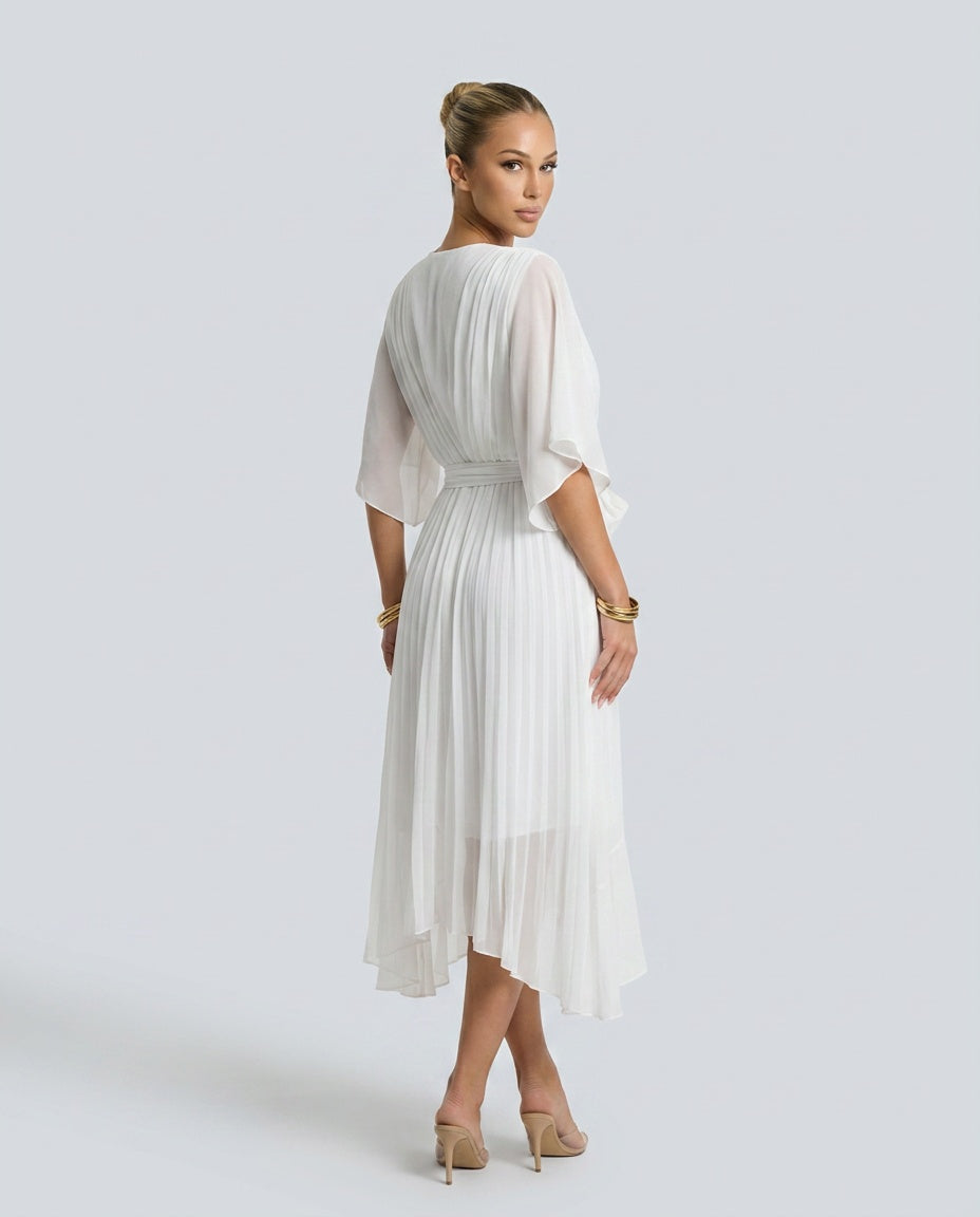 Daniela | Belted V-Neck Chiffon-Look Midi Dress