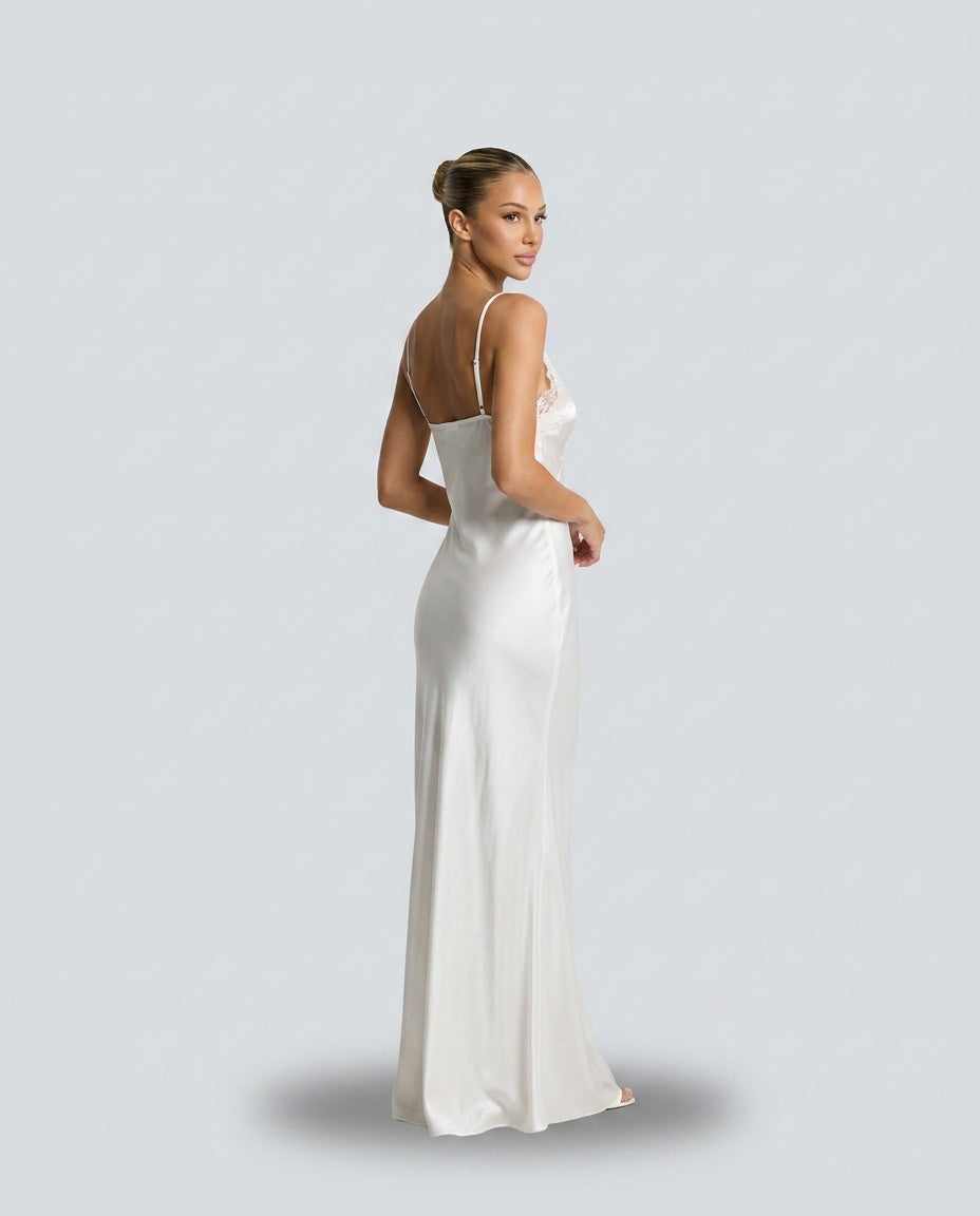 Rocio | V-Neck Lace Trim Satin-Look Maxi Dress
