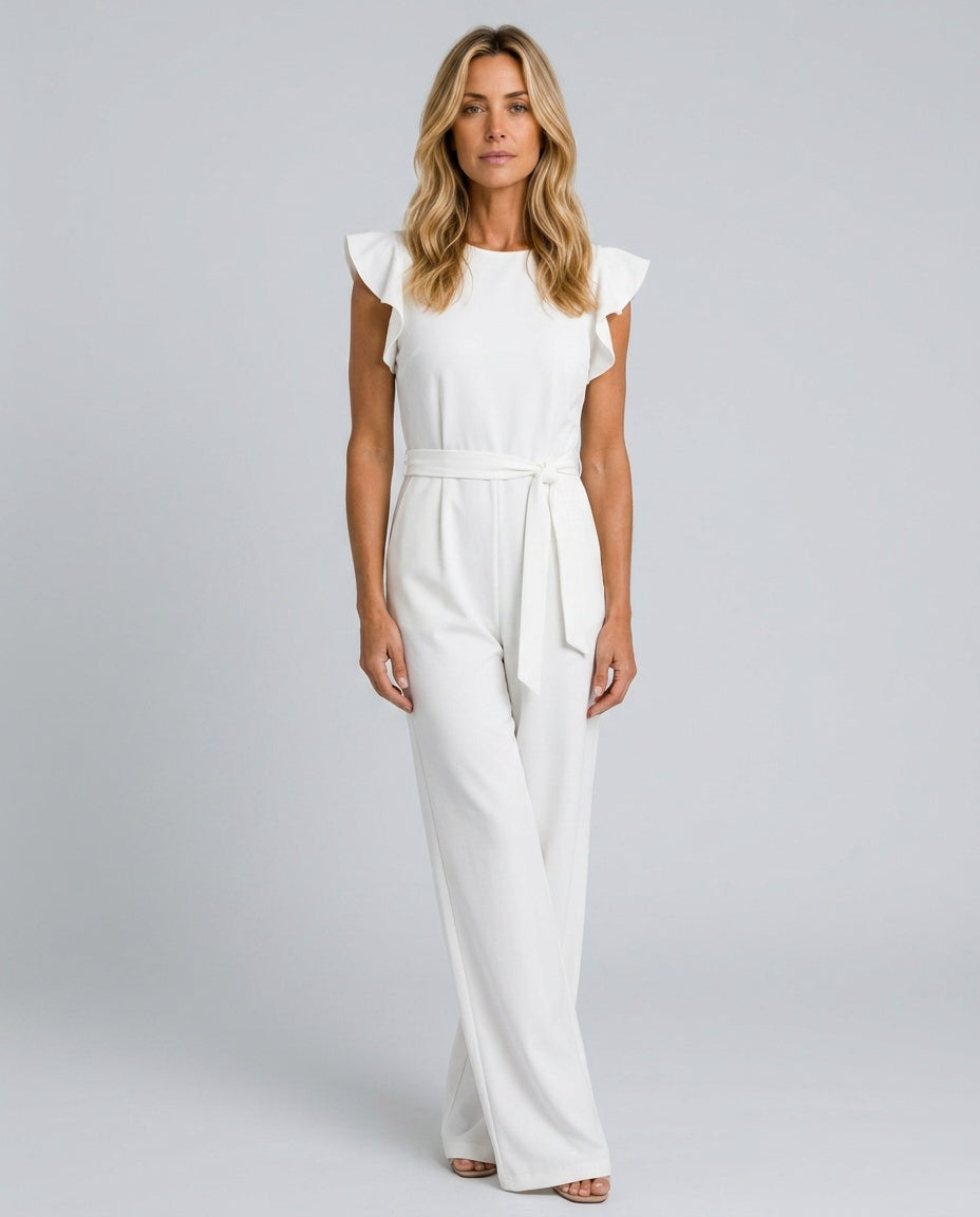 Cora | Ruffle Sleeve Tie Belt Straight Leg Jumpsuit