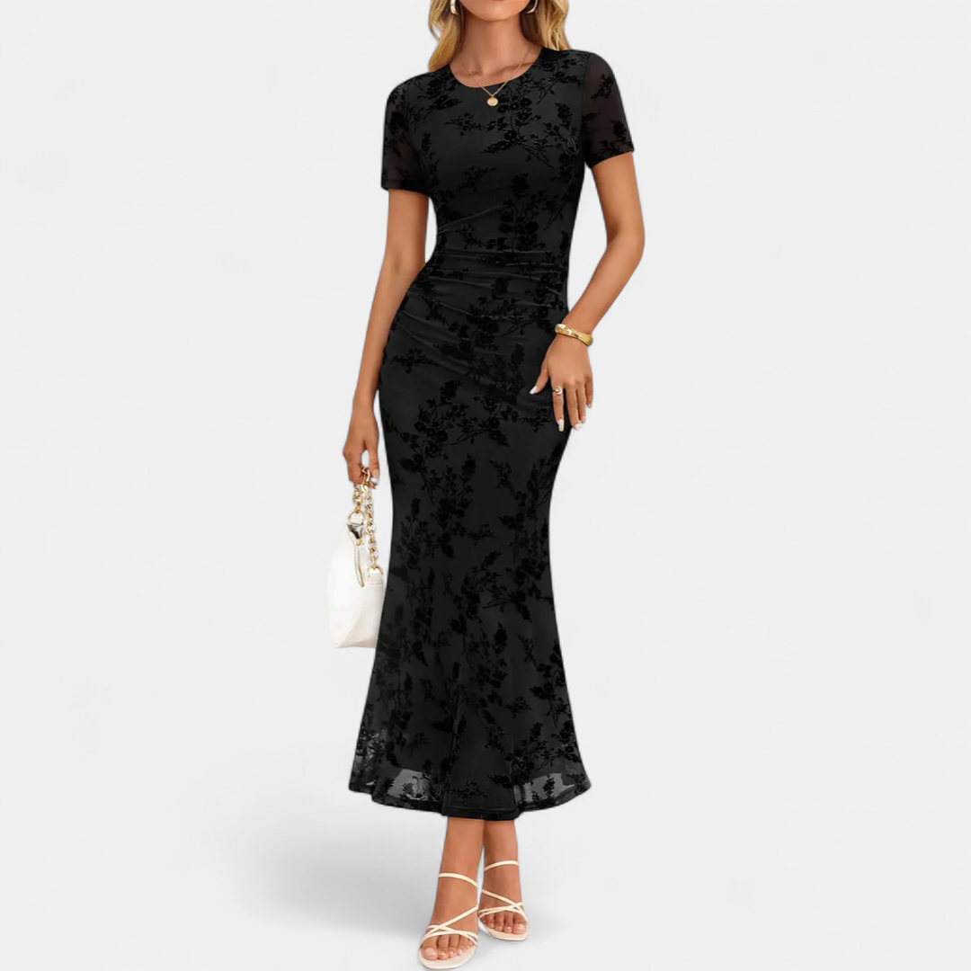 Fleur | Flocked Floral Mermaid Maxi Dress with Sheer Sleeves