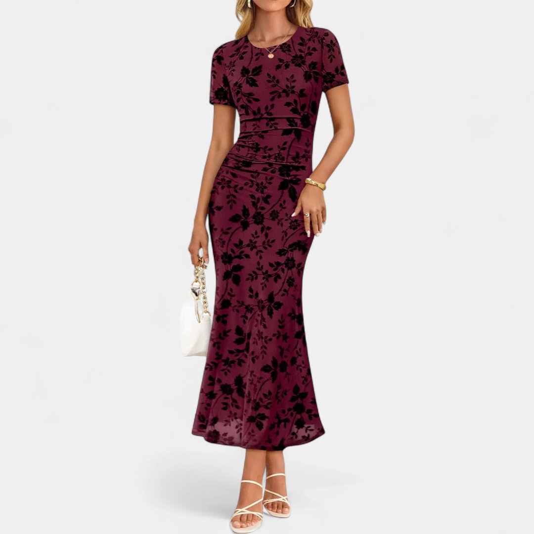 Fleur | Flocked Floral Mermaid Maxi Dress with Sheer Sleeves
