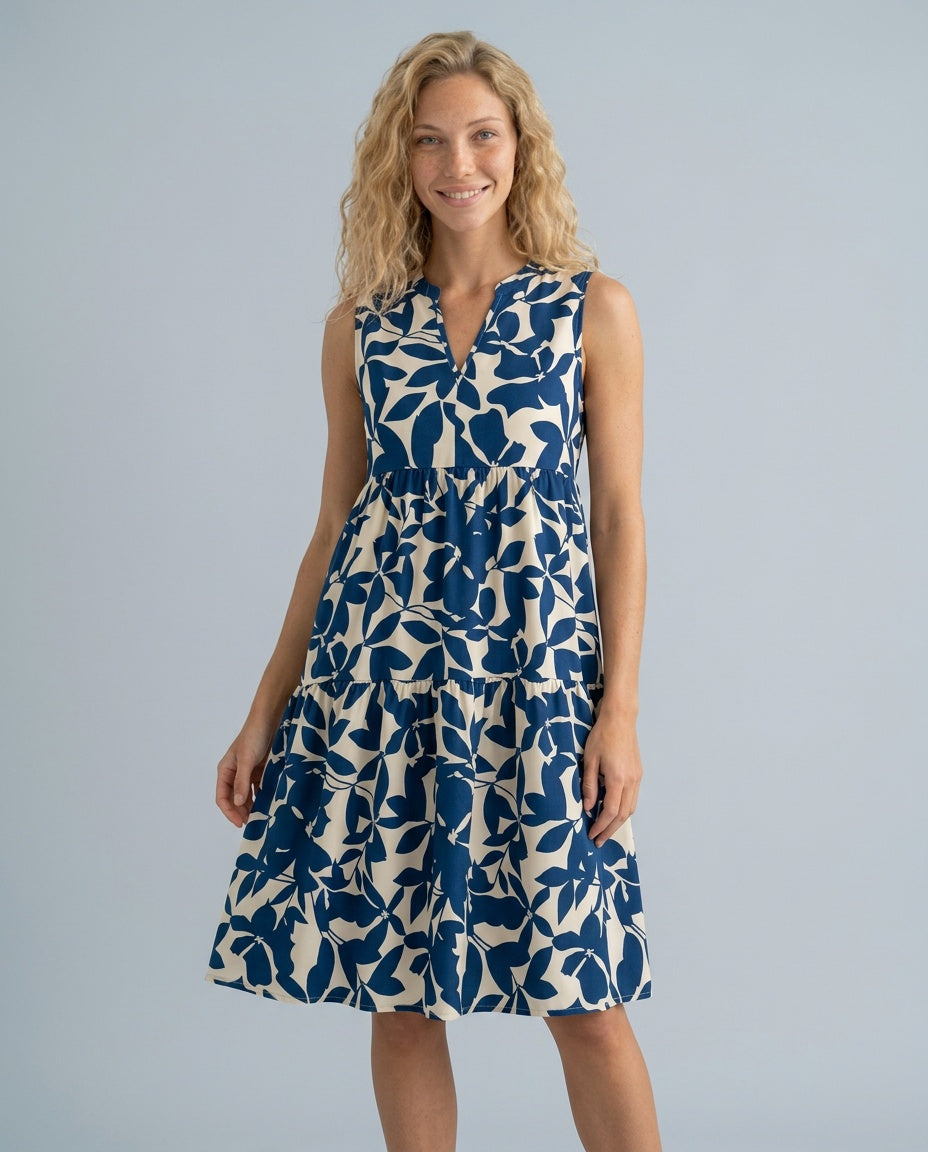 Kennedy | Tiered Leaf Print Sleeveless Midi Dress