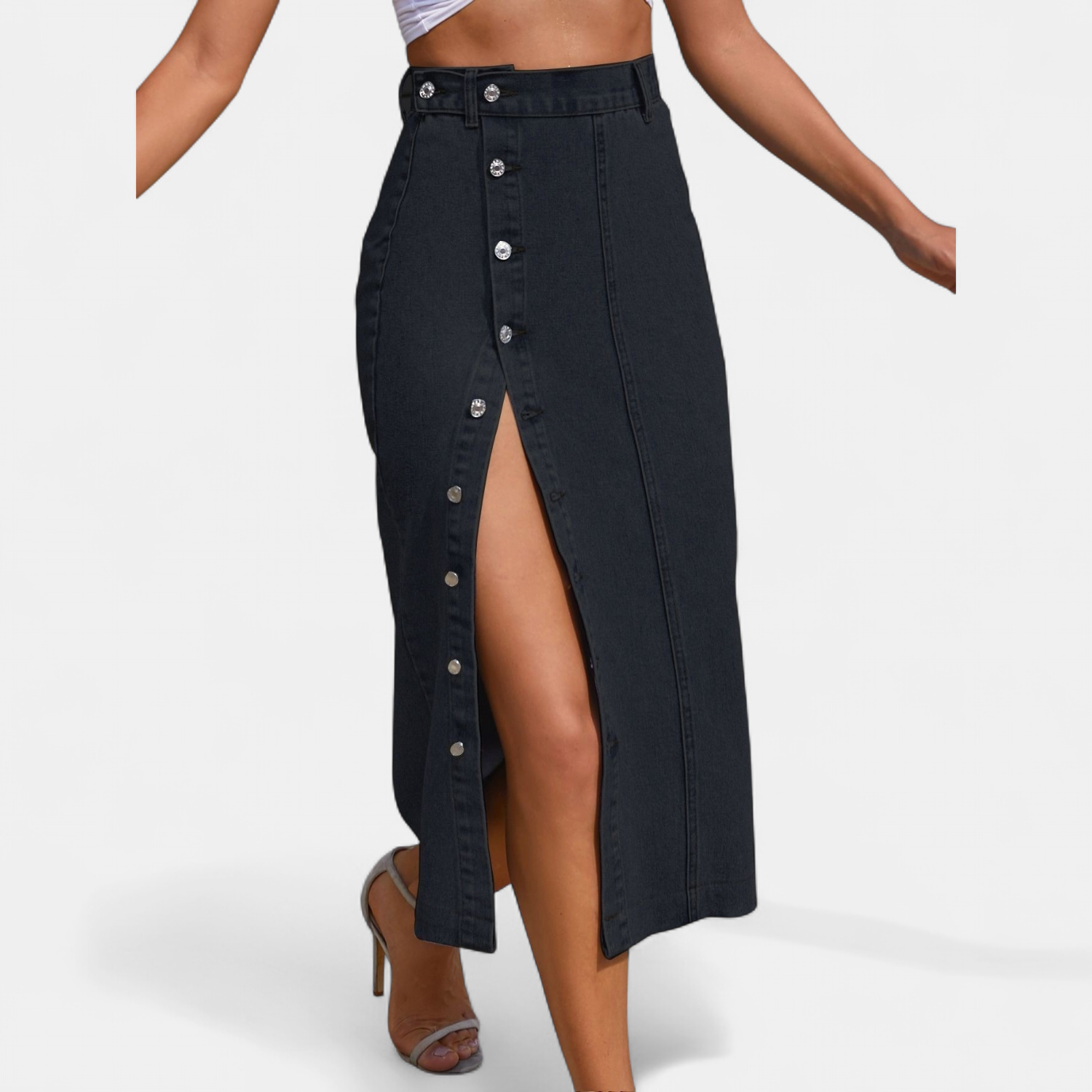 Fleur | High Waist Button Front Denim Pencil Midi Skirt
