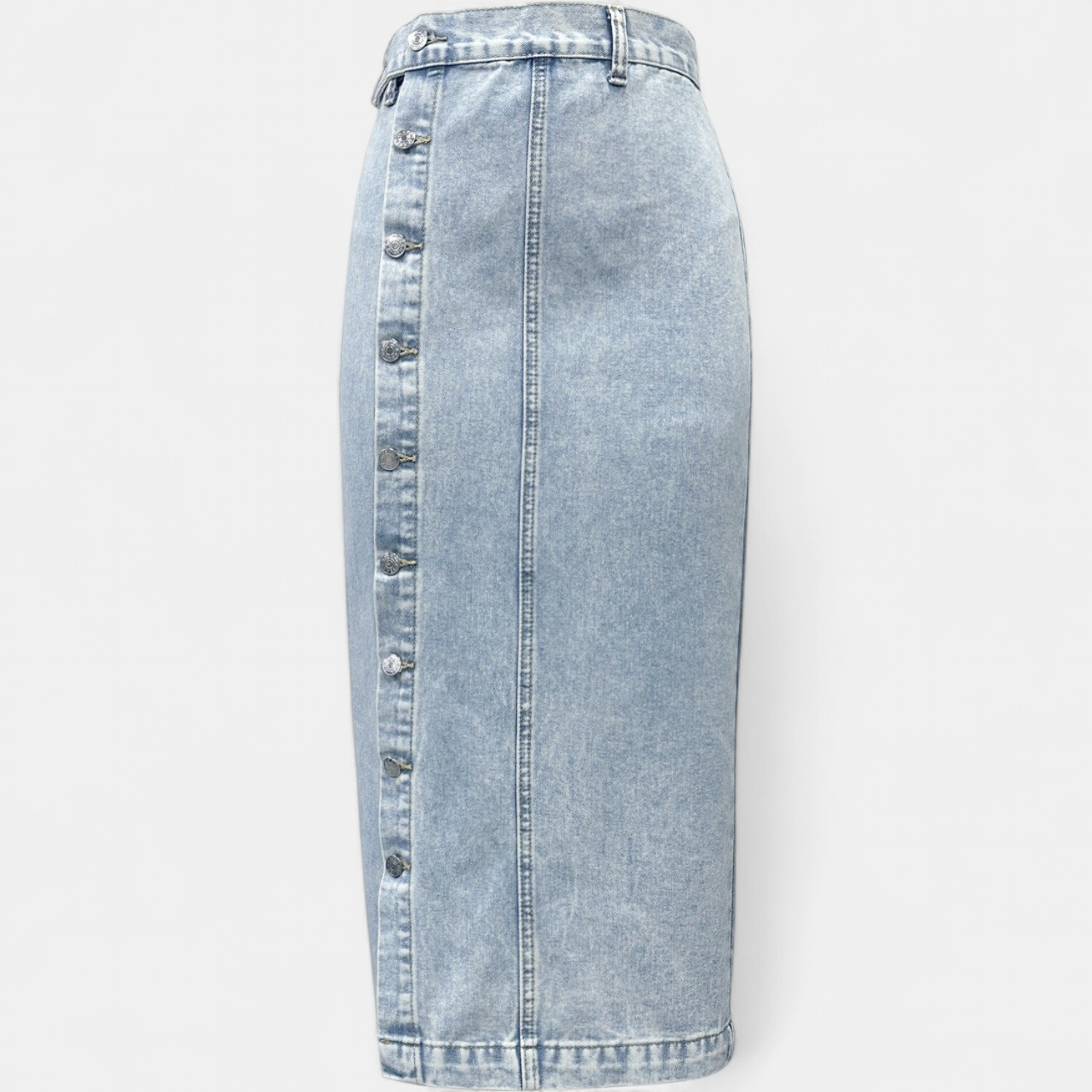 Fleur | High Waist Button Front Denim Pencil Midi Skirt
