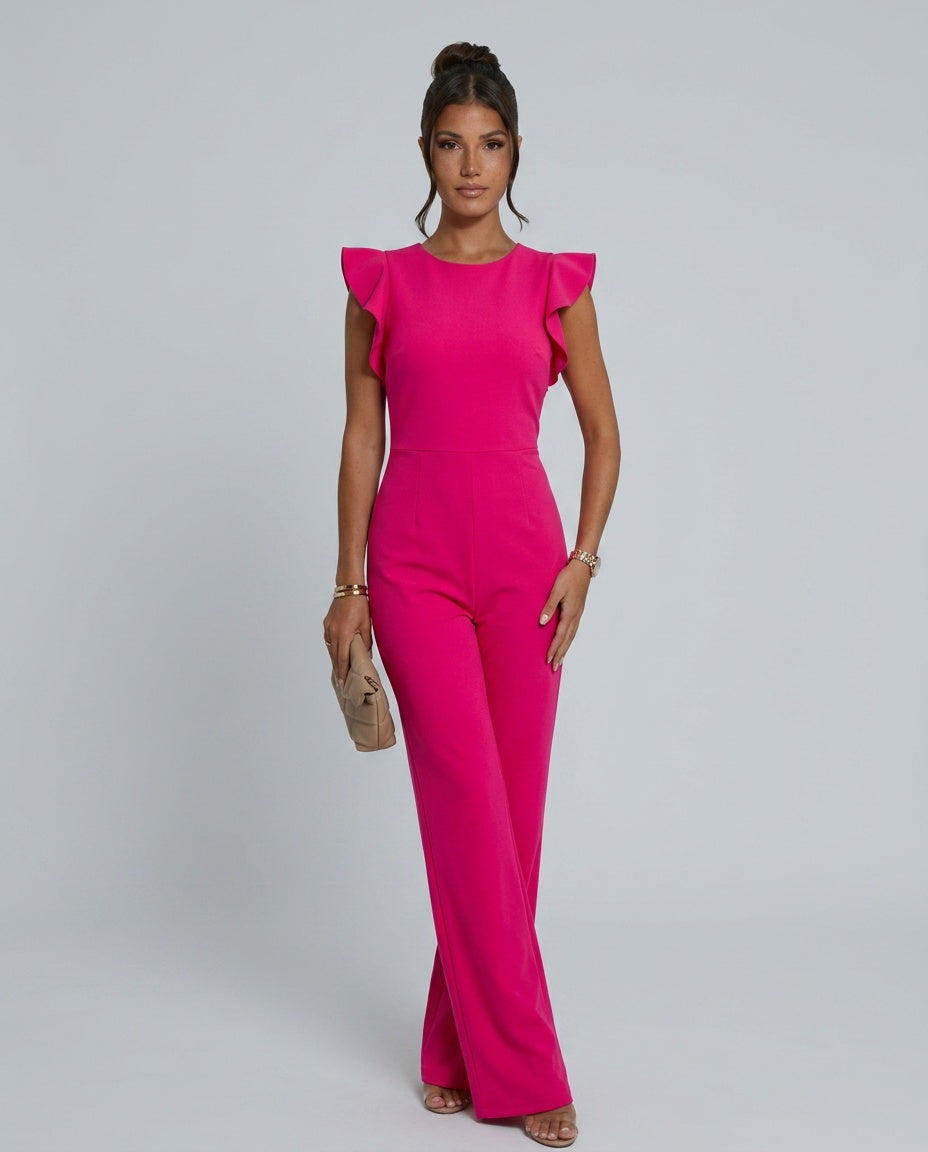 Cora | Ruffle Sleeve Tie Belt Straight Leg Jumpsuit