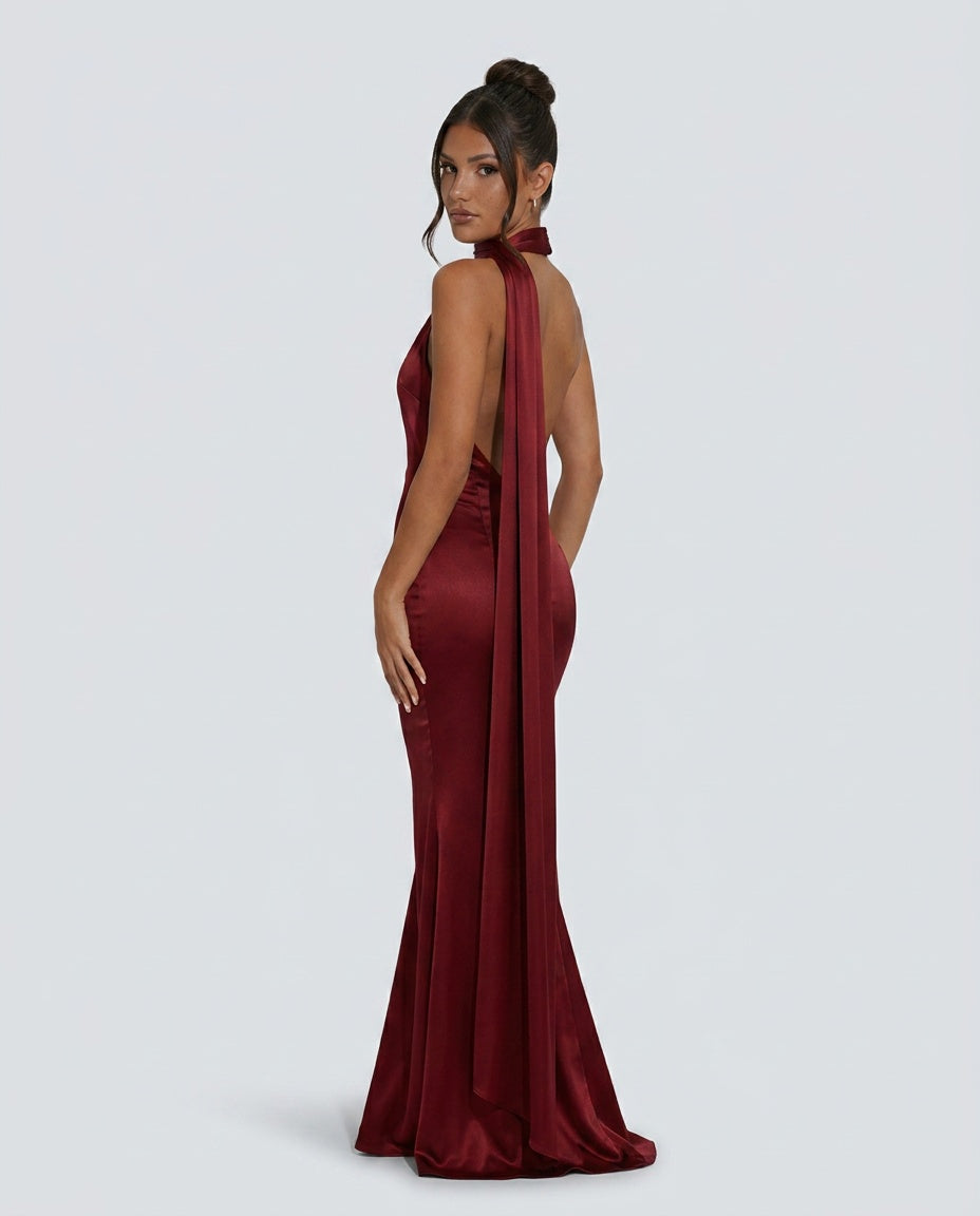 Savannah | One-Shoulder Scarf Detail Satin-Look Maxi Dress