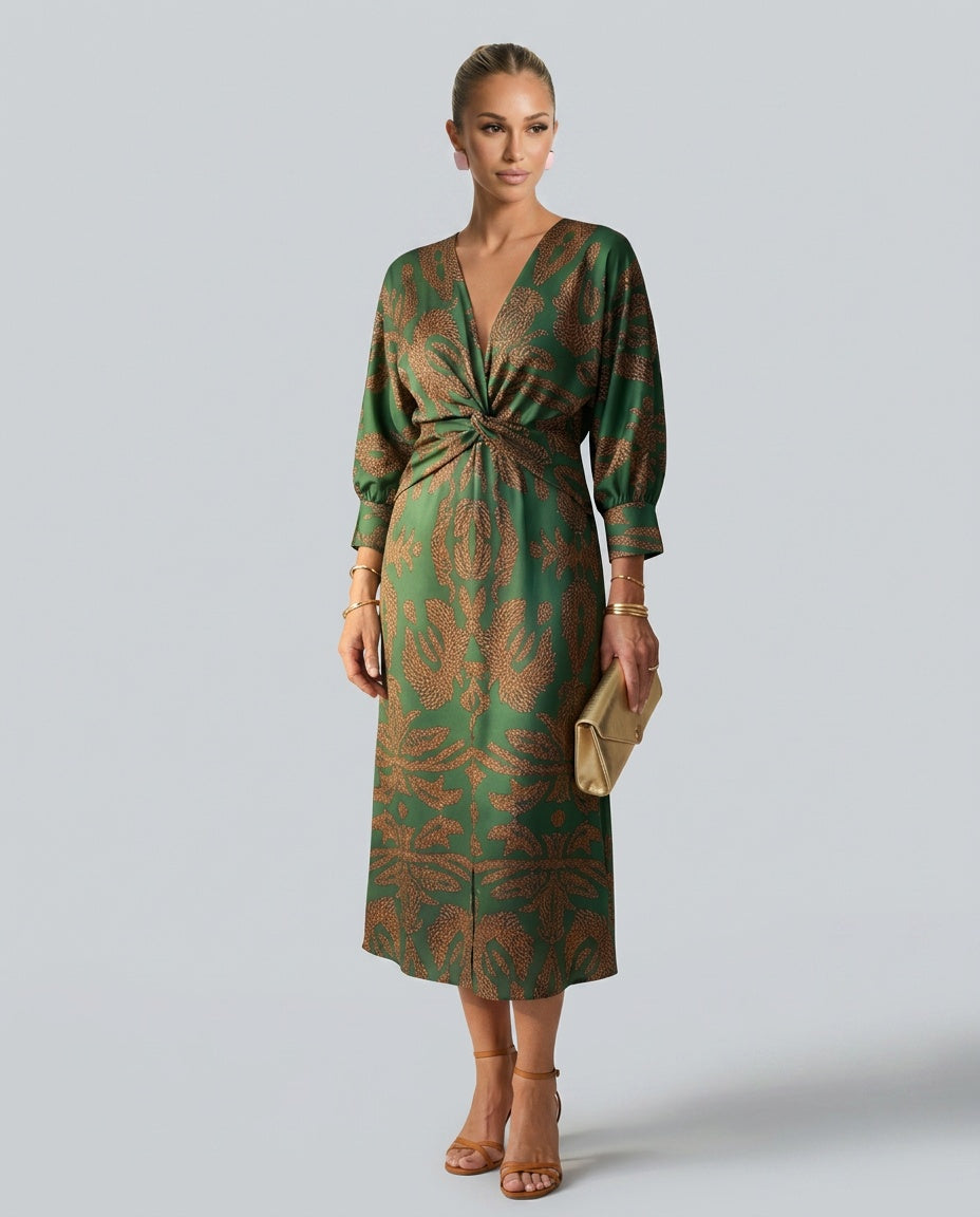 Delphine | Wrap Midi Dress in Natural Print