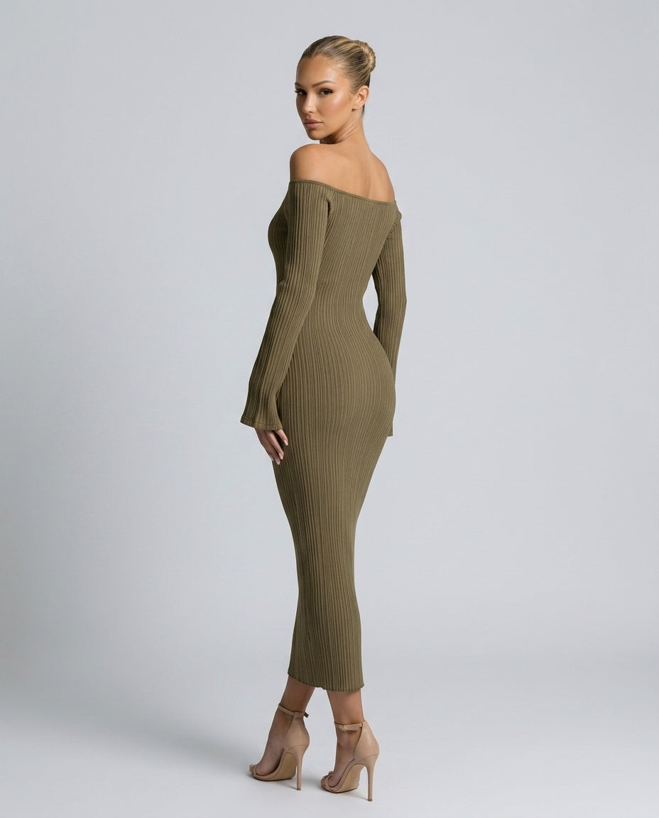 Reva | Off-Shoulder Long Sleeve Bodycon Midi Dress