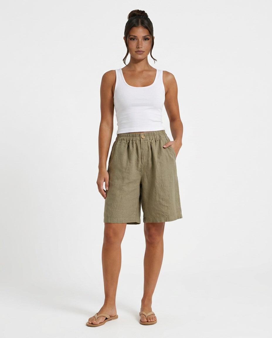 Odette | High Waist Linen Blend Bermuda Shorts