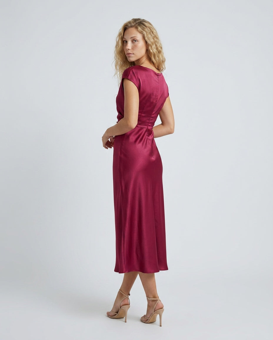 Nora | Short Sleeve Boat Neck Fitted Midi Dress