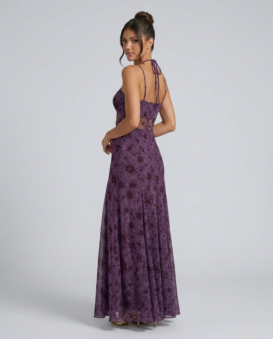 Evarisse | Floral Mesh Corset Maxi Dress