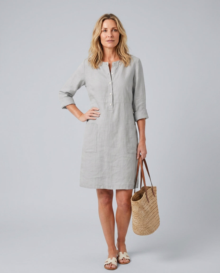 Thea | Button-Front Sleeved Knee-Length Midi Dress