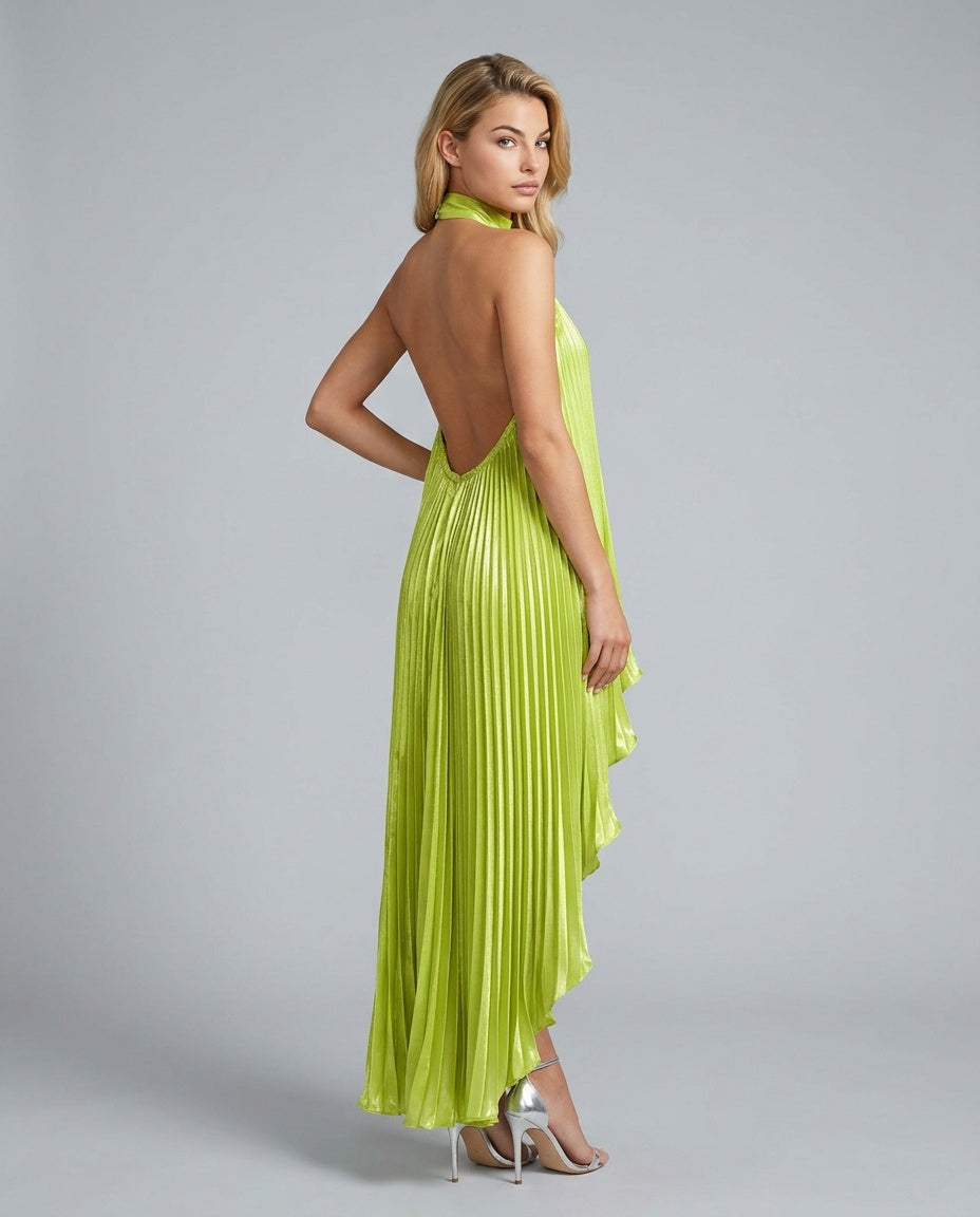 Beatrix | High Neck Pleated Metallic Midi Dress