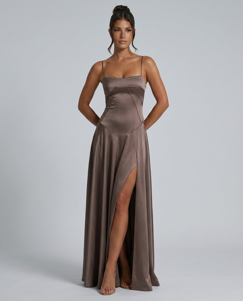 Quinn | Sweetheart Darted Satin-Look Maxi Dress