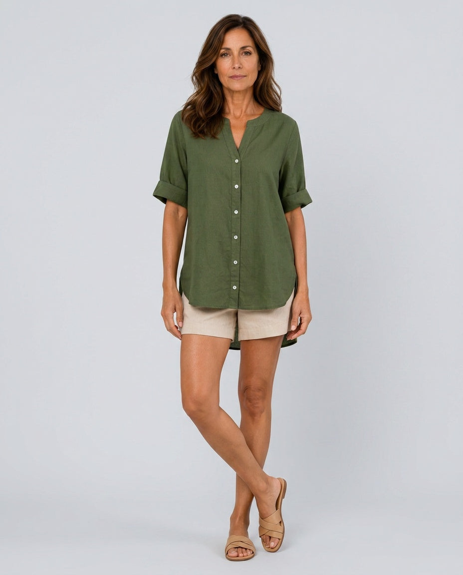 Bianca | Button-Front Cotton-Linen Blend Blouse