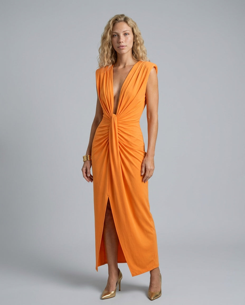 Riley | Ruched Sleeveless Front Slit Midi Dress