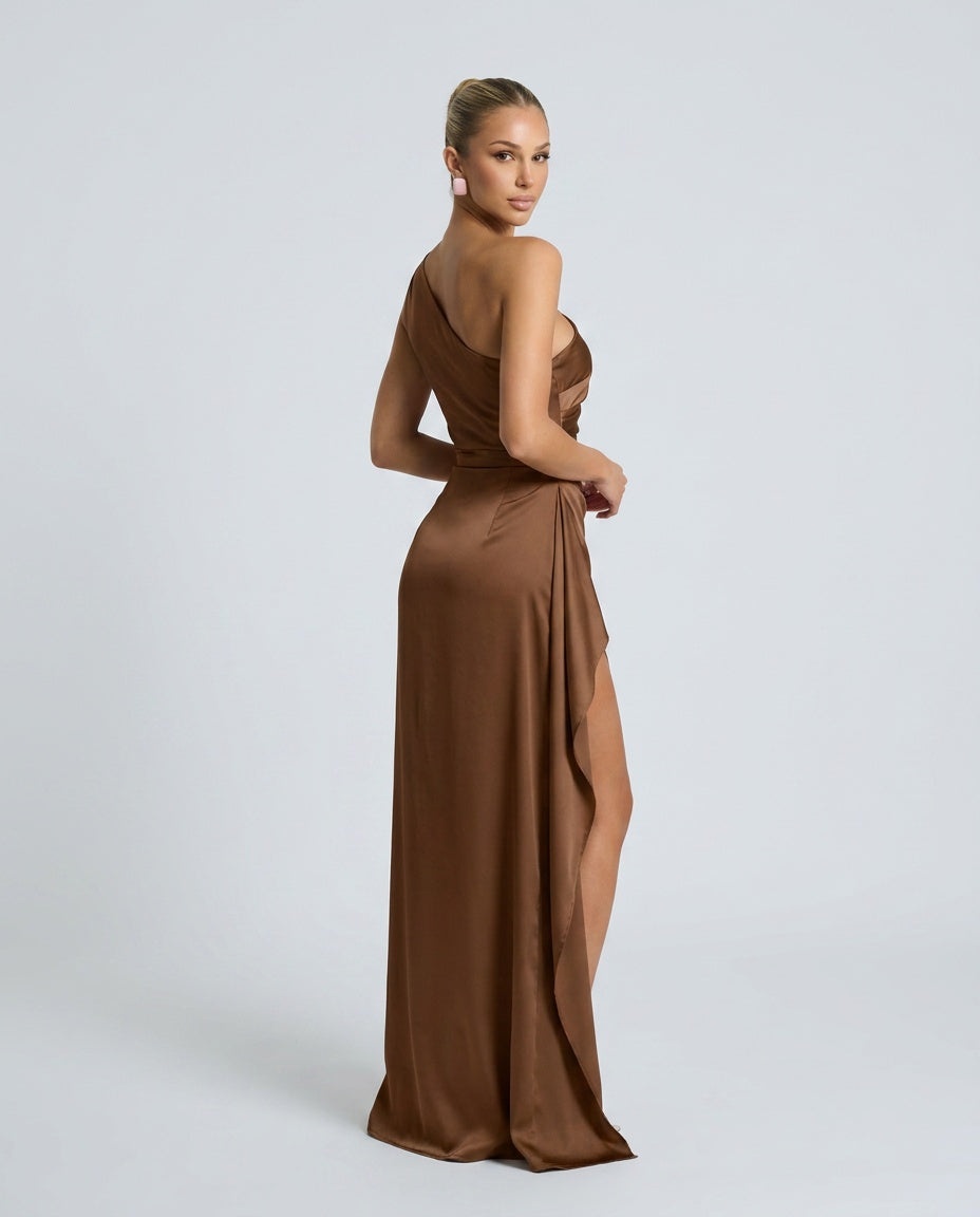 Ellie | One Shoulder Ruched Satin-Look Maxi Dress
