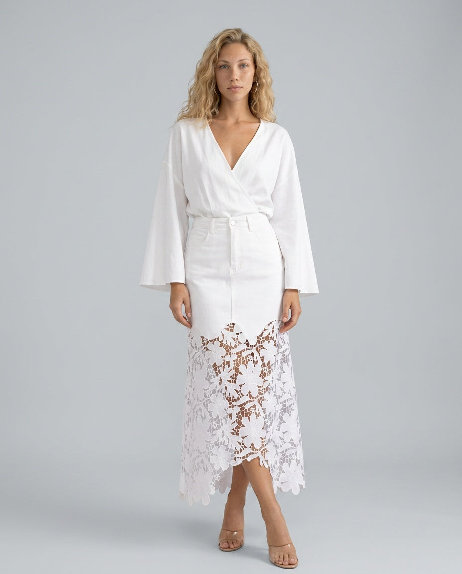 Malena | High Waist Button Front Denim Lace Panel Maxi Skirt
