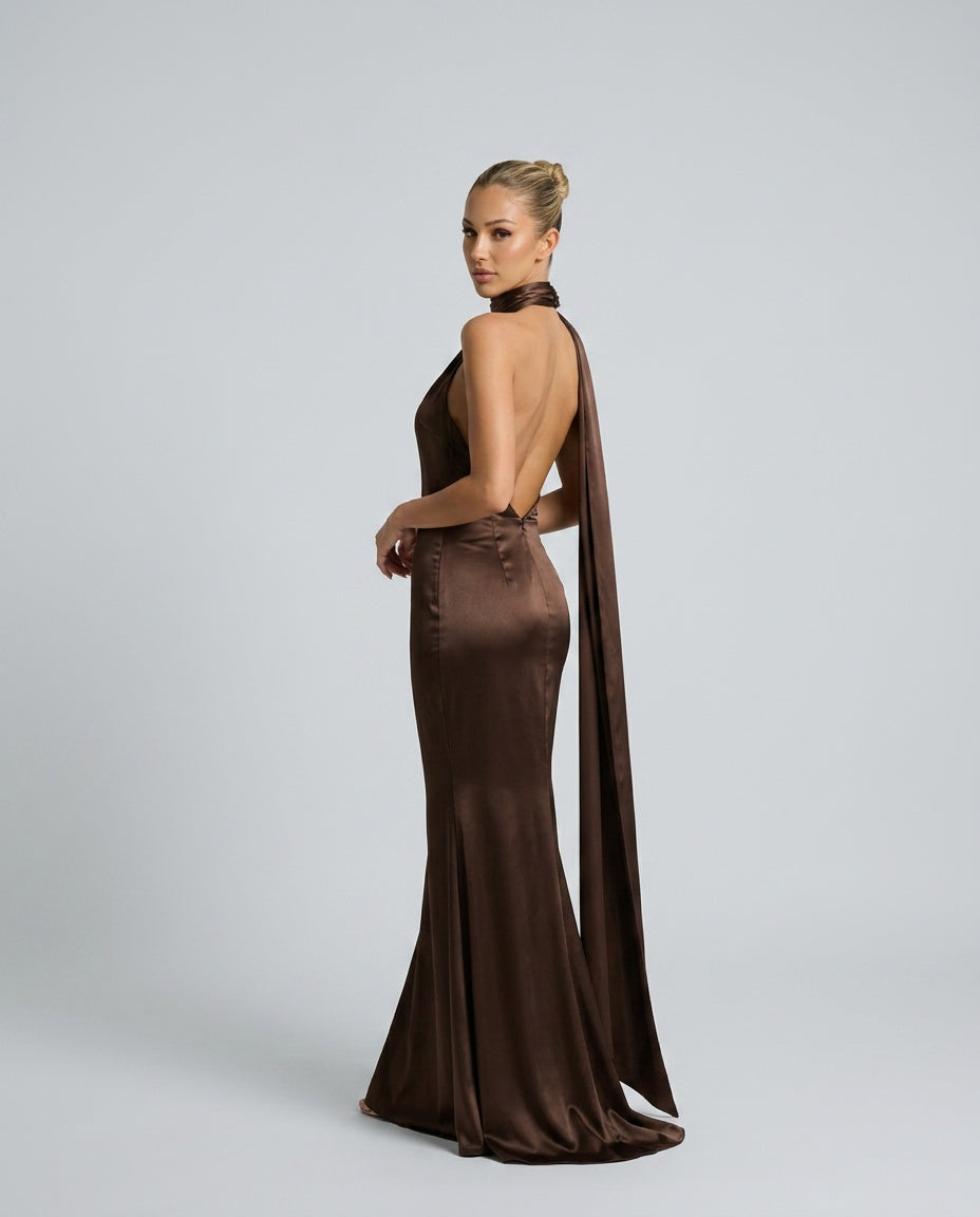 Savannah | One-Shoulder Scarf Detail Satin-Look Maxi Dress