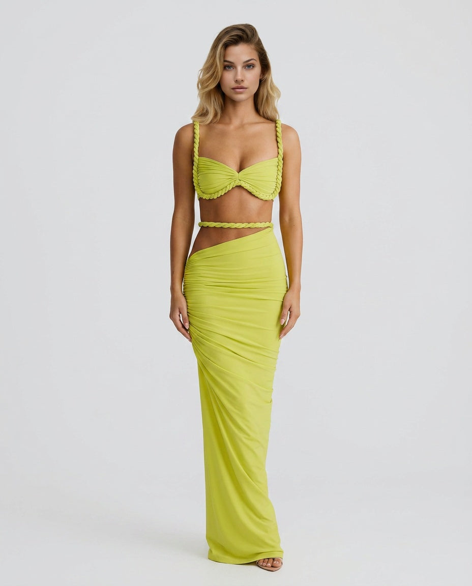 Tessa | Braided Strap Bustier & Ruched Maxi Skirt Set