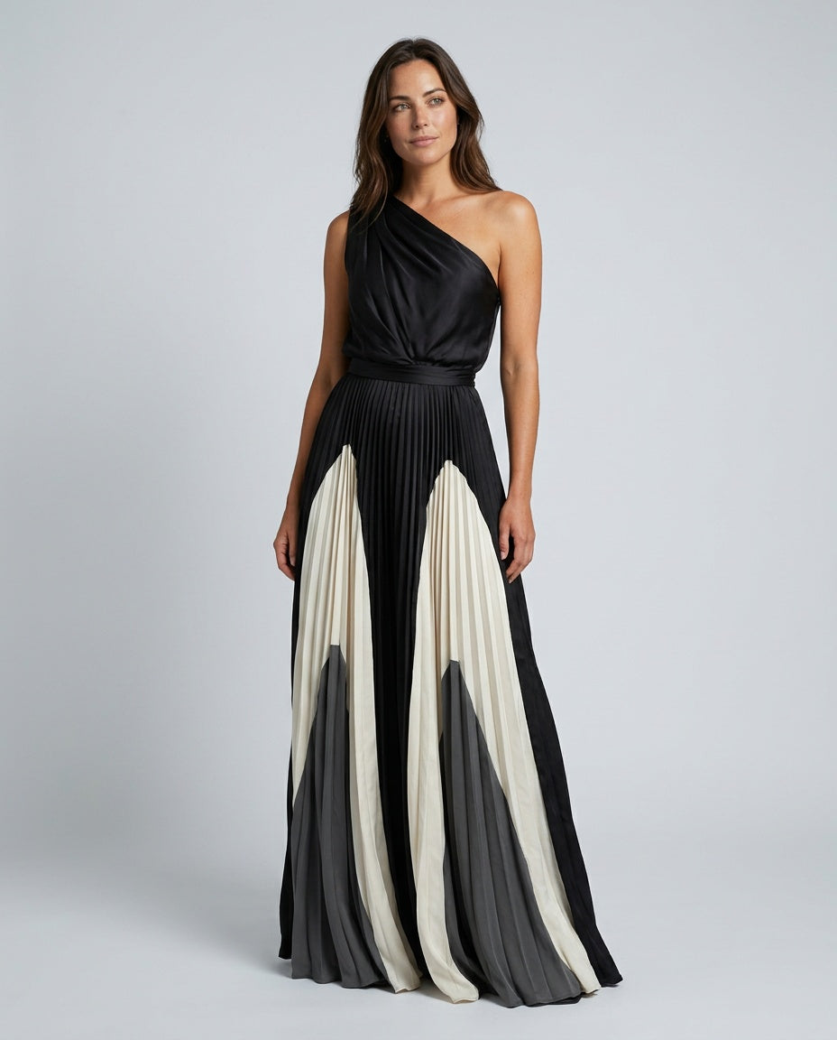 Aurore | Asymmetric Draped Pleated Multicolour Maxi Dress