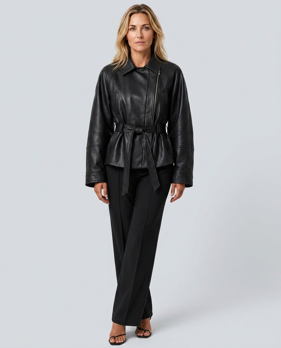 Giselle | Belted Zip-Front Faux Leather Jacket