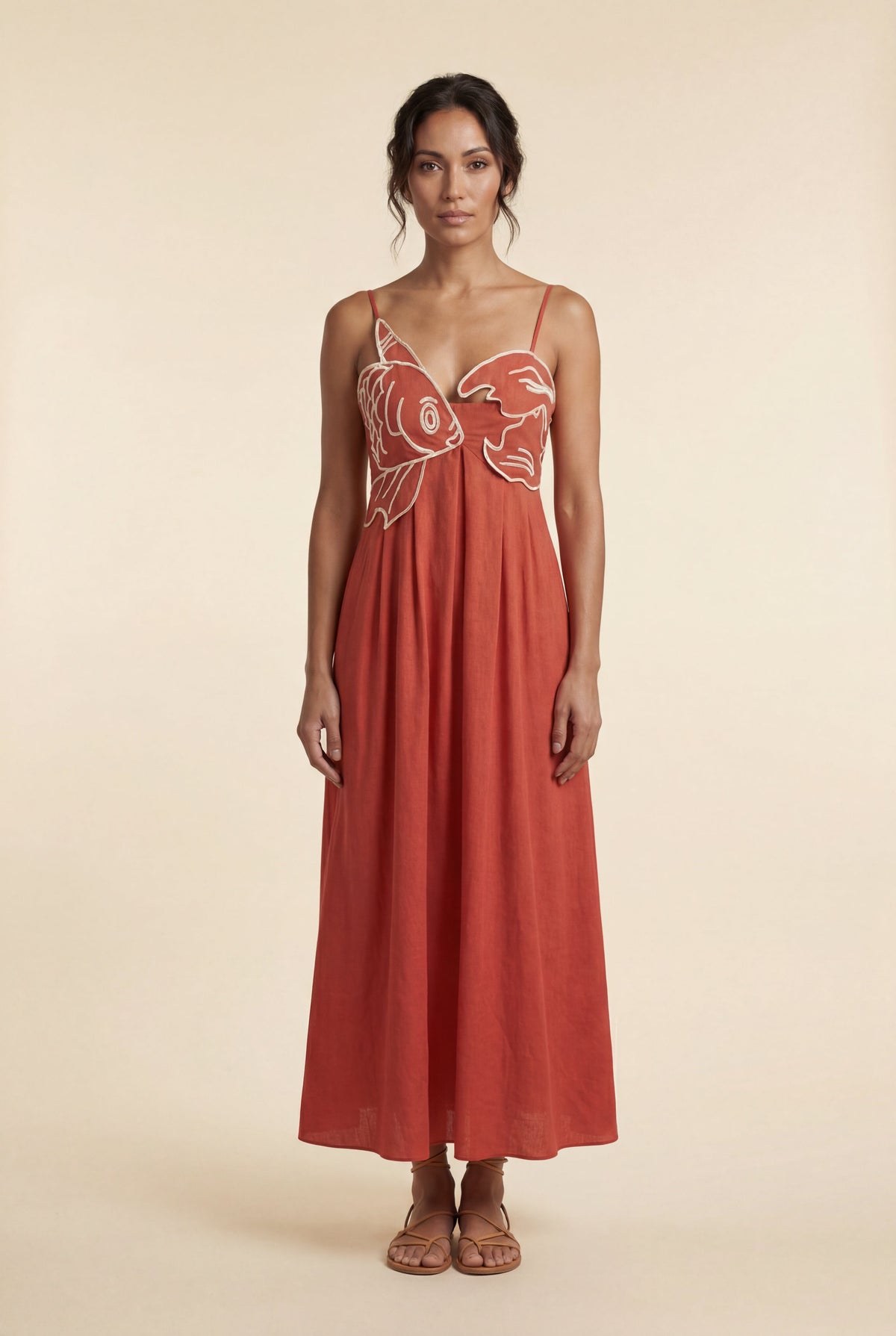 Talia | Embroidered Fish Motif Open Back Maxi Dress