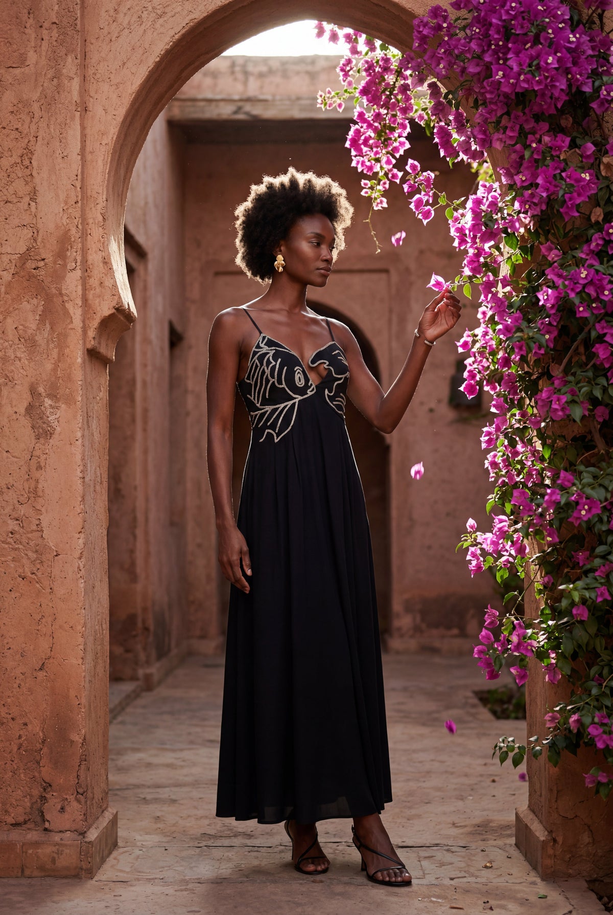 Talia | Embroidered Fish Motif Open Back Maxi Dress